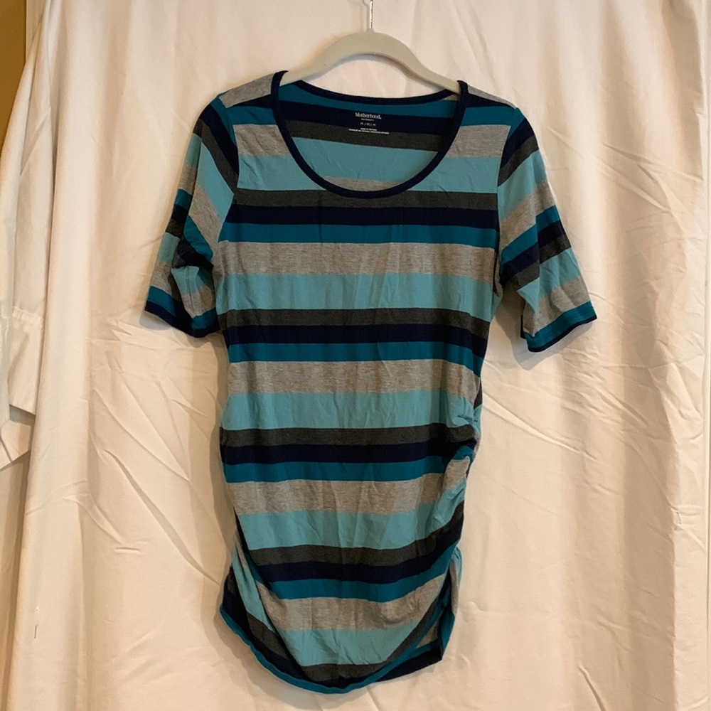 Motherhood Maternity Blue Stripped, Scoop-neck Side Ruched top